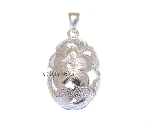 925 Sterling Silver Hawaiian Cut Out Scroll Plumeria Flower Oval Pendant Charm