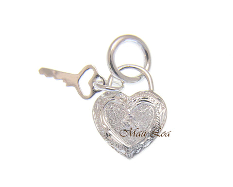 925 Sterling Silver Hawaiian Scroll Engraved CZ Heart Key Pendant Charm