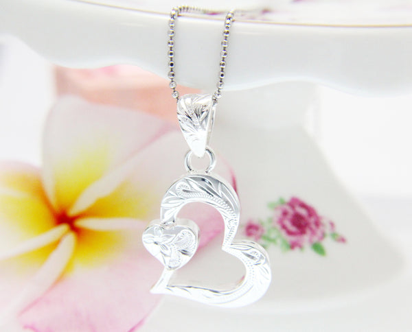 925 Sterling Silver Hawaiian Engraved Plumeria Flower Scroll Heart Pendant