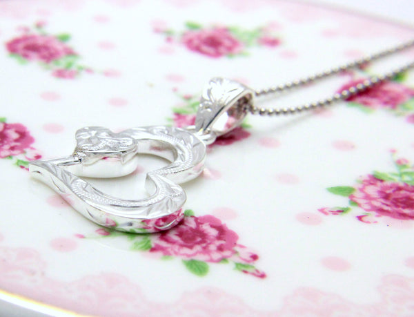 925 Sterling Silver Hawaiian Engraved Plumeria Flower Scroll Heart Pendant