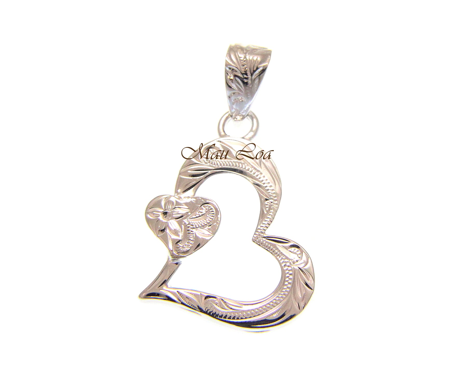 925 Sterling Silver Hawaiian Engraved Plumeria Flower Scroll Heart Pendant