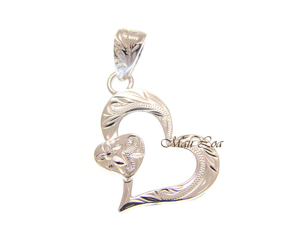 925 Sterling Silver Hawaiian Engraved Plumeria Flower Scroll Heart Pendant
