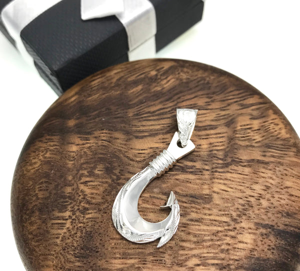 925 Sterling Silver Hawaiian Scroll Engraved Fish Hook Pendant