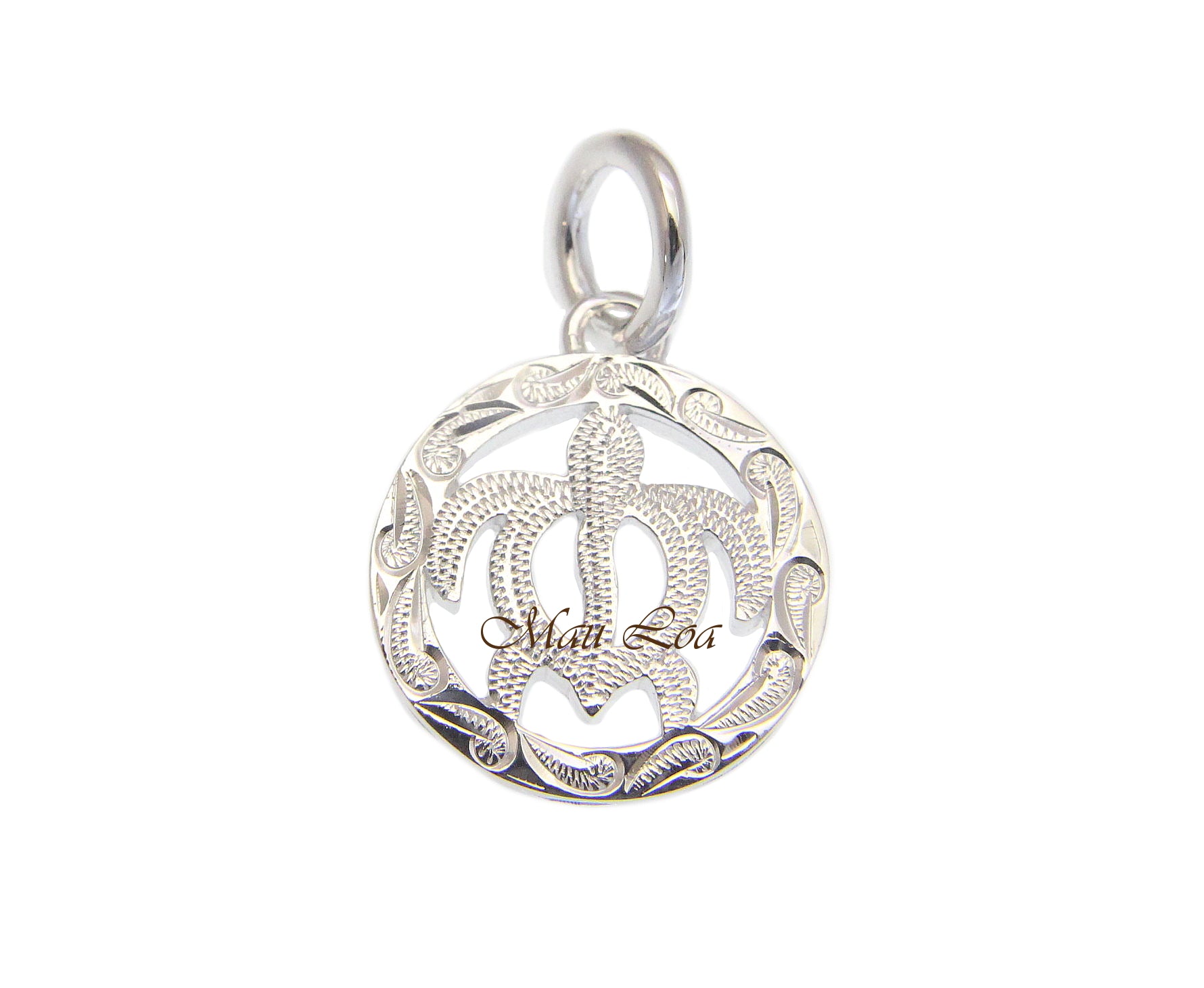 925 Sterling Silver Hawaiian Scroll Engraved Honu Turtle in Circle Pendant Charm