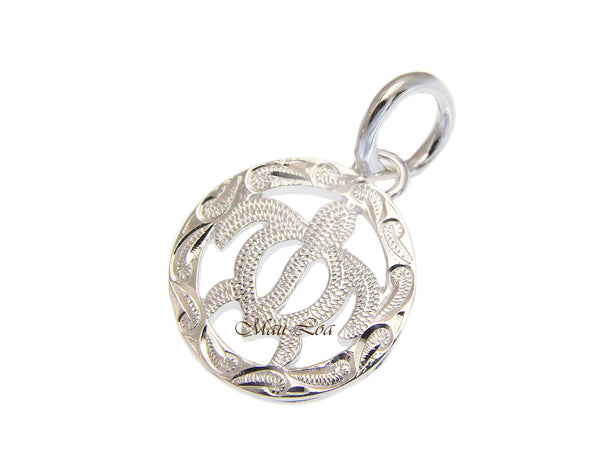 925 Sterling Silver Hawaiian Scroll Engraved Honu Turtle in Circle Pendant Charm