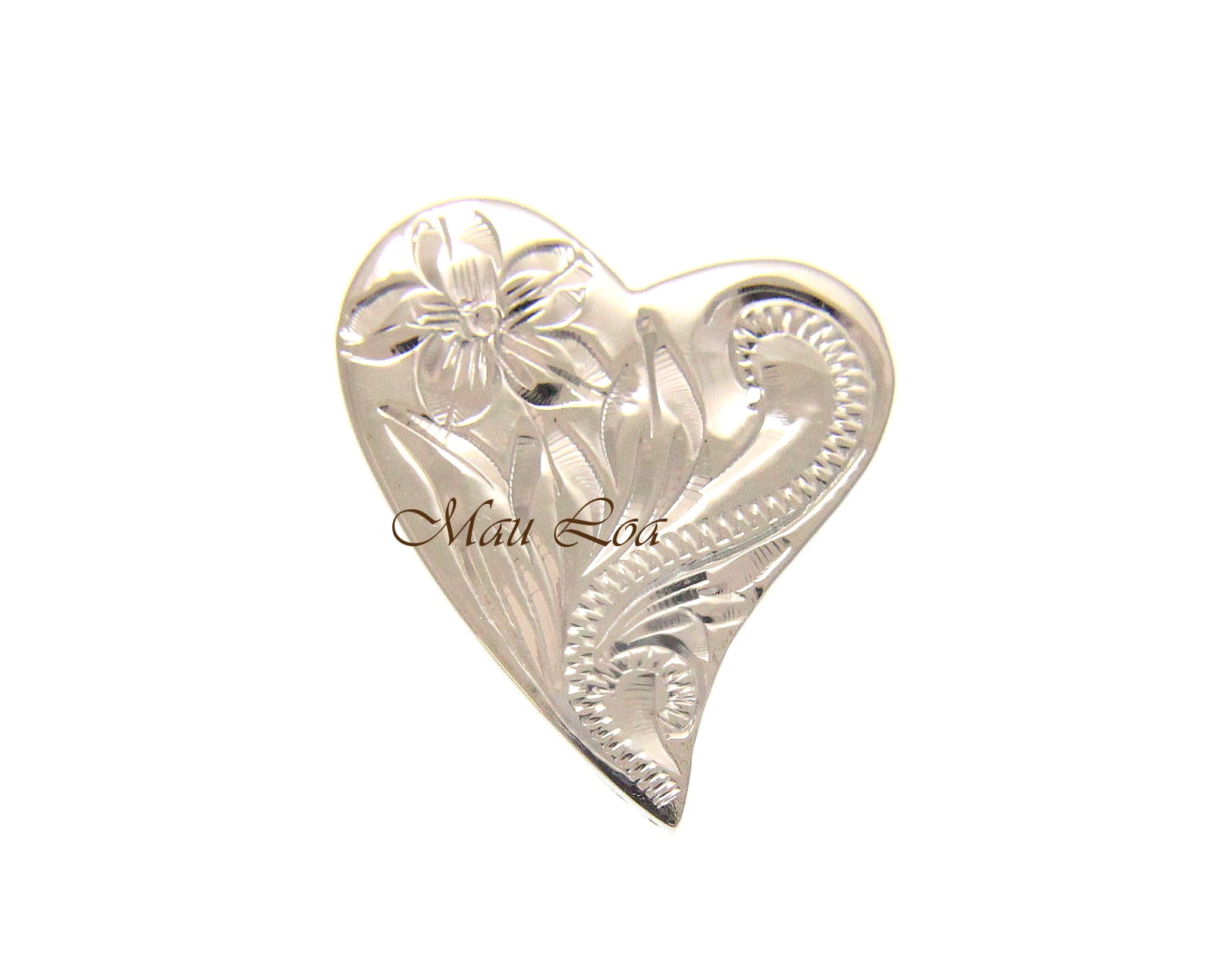 925 Sterling Silver Hawaiian Engraved Plumeria Flower Scroll Heart Pendant