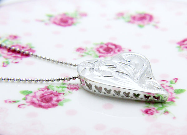 925 Sterling Silver Hawaiian Engraved Plumeria Flower Scroll Heart Pendant