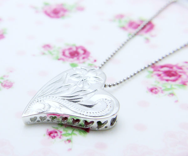 925 Sterling Silver Hawaiian Engraved Plumeria Flower Scroll Heart Pendant