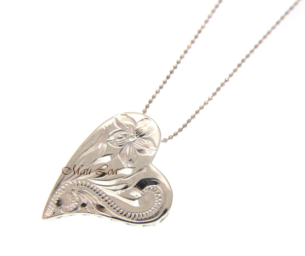 925 Sterling Silver Hawaiian Engraved Plumeria Flower Scroll Heart Pendant