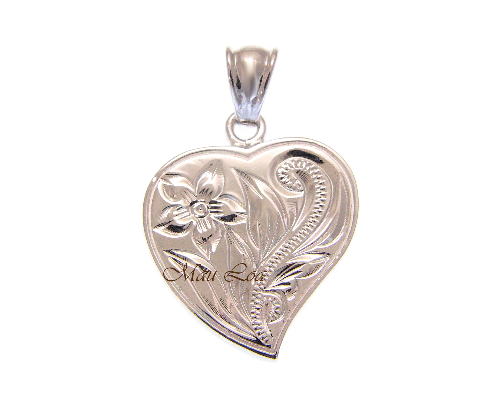 925 Sterling Silver Hawaiian Engraved Plumeria Flower Scroll Heart Pendant
