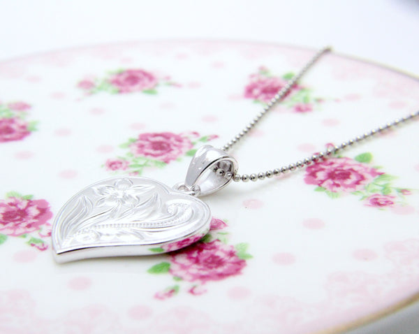 925 Sterling Silver Hawaiian Engraved Plumeria Flower Scroll Heart Pendant