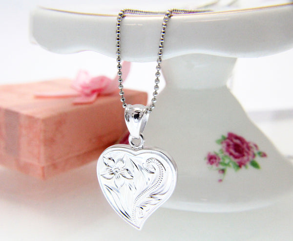 925 Sterling Silver Hawaiian Engraved Plumeria Flower Scroll Heart Pendant