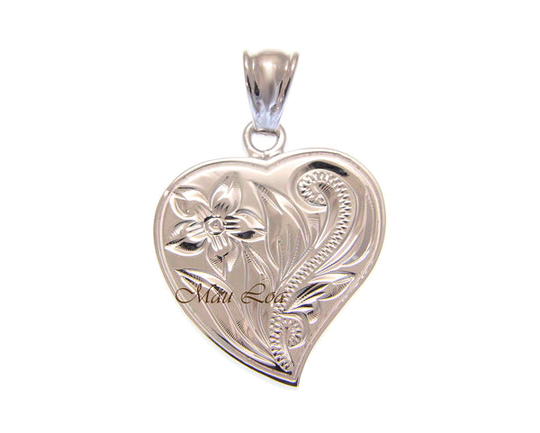 925 Sterling Silver Hawaiian Engraved Plumeria Flower Scroll Heart Pendant