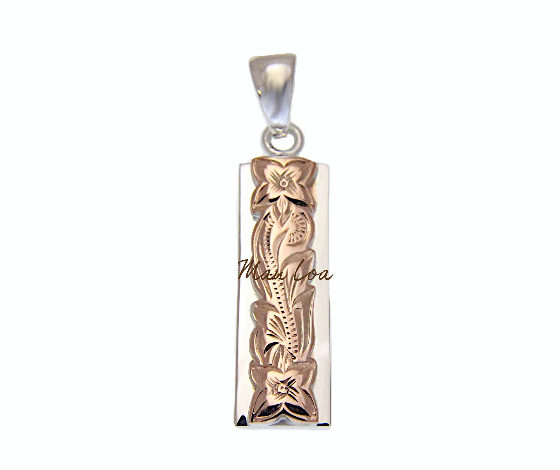 925 Sterling Silver Hawaiian Scroll Engraved Rose Gold Plated Vertical Pendant