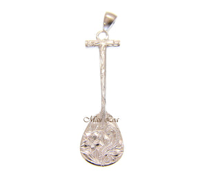 925 Sterling Silver Hawaiian Plumeria Scroll Engraved Paddle Pendant Charm