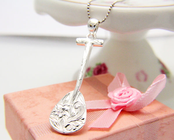 925 Sterling Silver Hawaiian Plumeria Scroll Engraved Paddle Pendant Charm