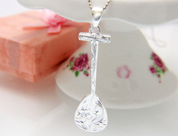 925 Sterling Silver Hawaiian Plumeria Scroll Engraved Paddle Pendant Charm