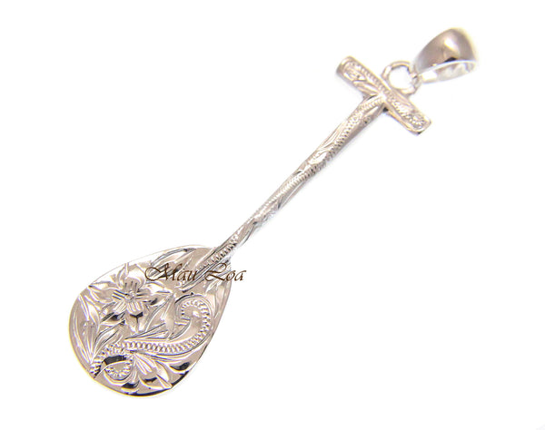 925 Sterling Silver Hawaiian Plumeria Scroll Engraved Paddle Pendant Charm