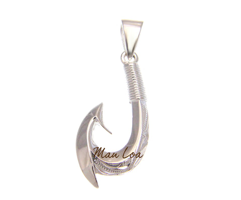 925 Sterling Silver Hawaiian Scroll Engraved 2 Sided Fish Hook Pendant Charm