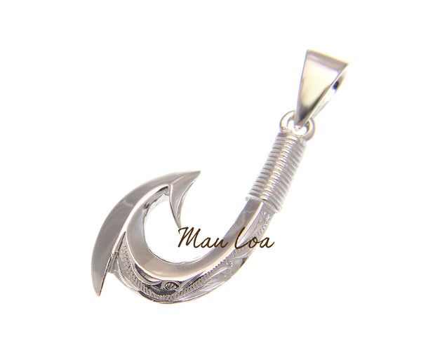 925 Sterling Silver Hawaiian Scroll Engraved 2 Sided Fish Hook Pendant Charm