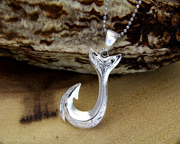 925 Sterling Silver Hawaiian Scroll Engraved Fish Hook Whale Tail Pendant Charm