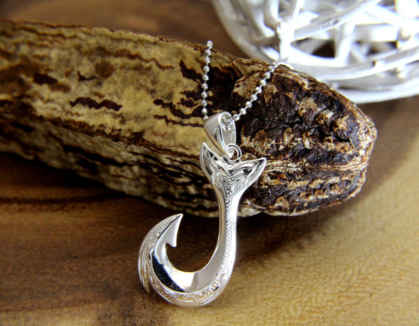 925 Sterling Silver Hawaiian Scroll Engraved Fish Hook Whale Tail Pendant Charm