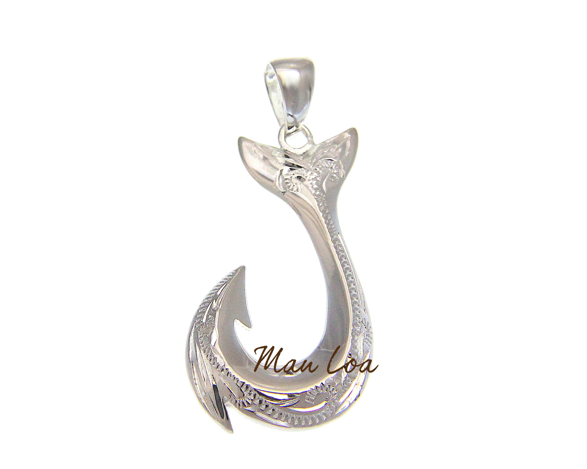 925 Sterling Silver Hawaiian Scroll Engraved Fish Hook Whale Tail Pendant Charm