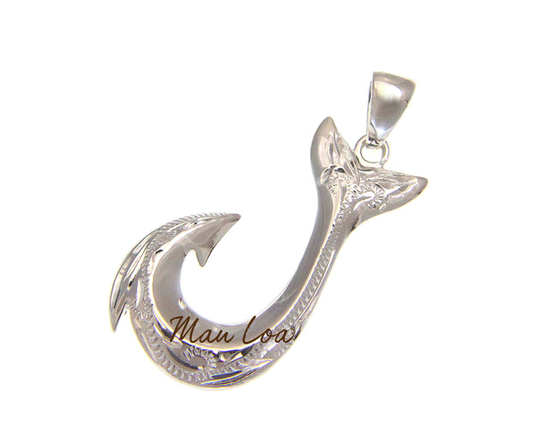 925 Sterling Silver Hawaiian Scroll Engraved Fish Hook Whale Tail Pendant Charm