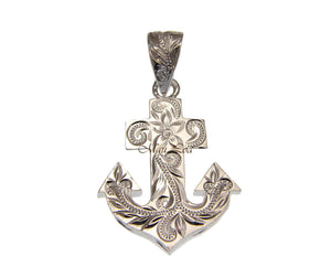 925 Sterling Silver Hawaiian Scroll Engraved Anchor Pendant Charm