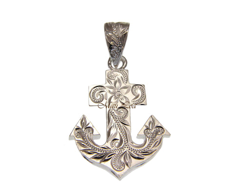925 Sterling Silver Hawaiian Scroll Engraved Anchor Pendant Charm