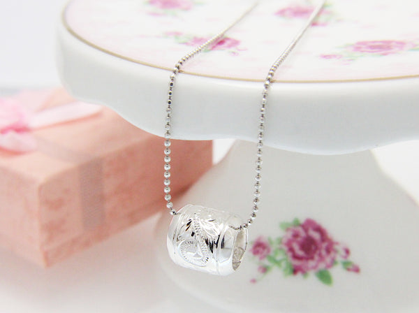 925 Sterling Silver Hawaiian Plumeria Flower Scroll Engraved Barrel Bead Pendant