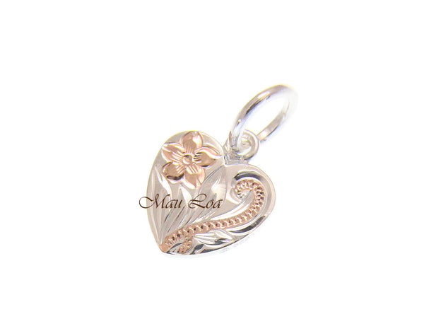 925 Silver Rose Gold 2T Hawaiian Plumeria Scroll Double Sided Heart Pendant