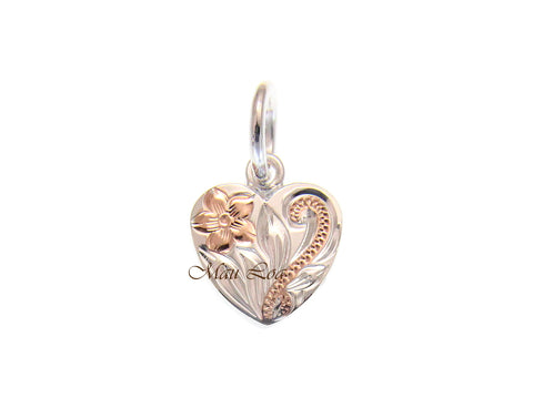 925 Silver Rose Gold 2T Hawaiian Plumeria Scroll Double Sided Heart Pendant