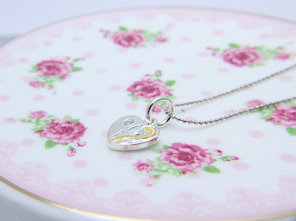 925 Silver Yellow Gold 2T Hawaiian Plumeria Scroll Double Sided Heart CZ Pendant