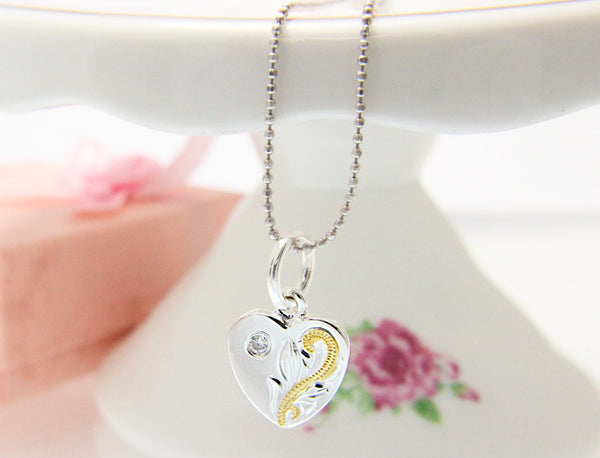 925 Silver Yellow Gold 2T Hawaiian Plumeria Scroll Double Sided Heart CZ Pendant