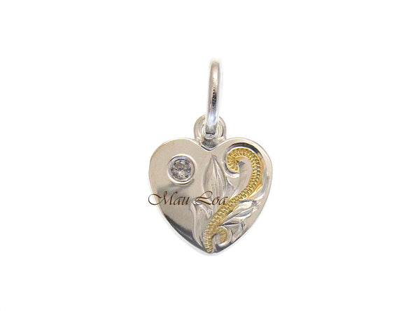 925 Silver Yellow Gold 2T Hawaiian Plumeria Scroll Double Sided Heart CZ Pendant