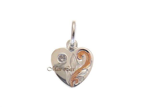 925 Silver Rose Gold 2T Hawaiian Plumeria Scroll Double Sided Heart CZ Pendant