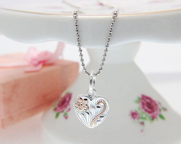 925 Silver Rose Gold 2T Hawaiian Plumeria Scroll Double Sided Heart CZ Pendant