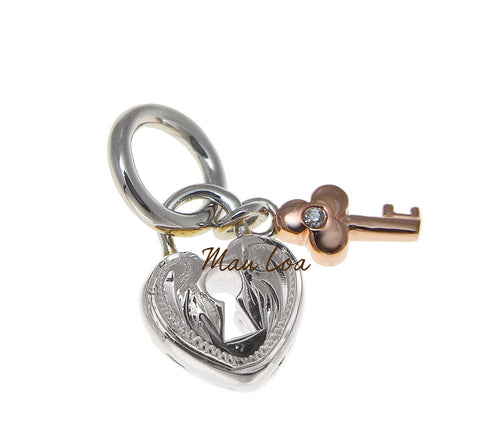 925 Sterling Silver Hawaiian Scroll Heart Lock Rose Gold Plated 2T Key Pendant