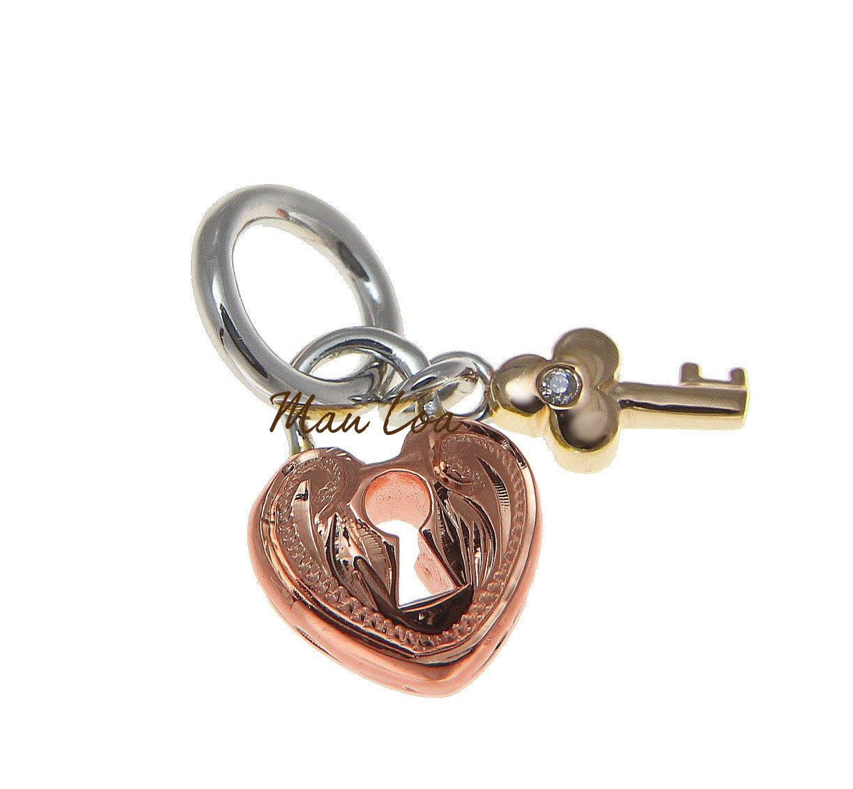 925 Sterling Silver Tricolor Hawaiian Scroll Engraved Heart Lock Key Pendant