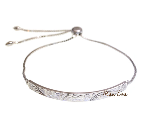 Silver 925 Hawaiian Scroll Honu Bar Sliding Bead Chain Adjustable Bracelet