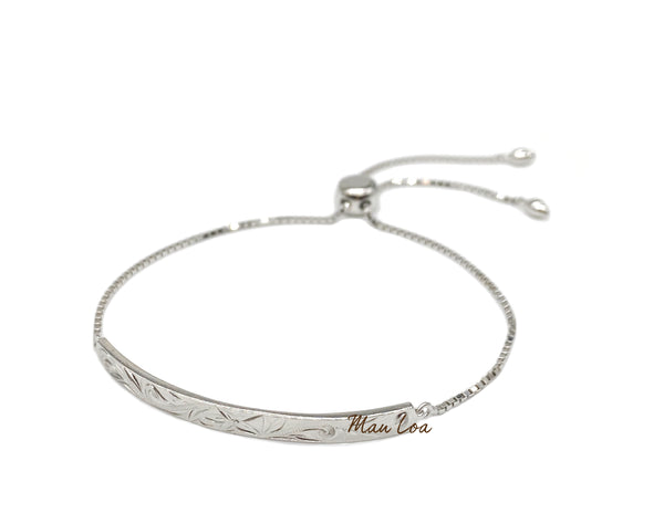 Silver 925 Hawaiian Scroll Plumeria Bar Sliding Bead Chain Adjustable Bracelet