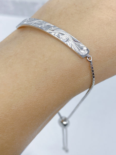 Silver 925 Hawaiian Scroll Plumeria Bar Sliding Bead Chain Adjustable Bracelet