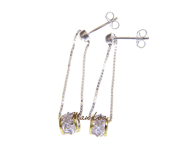 925 Sterling Silver Yellow Gold Plated 2 tone Hawaiian Plumeria Flower Barrel Dangle Post Earrings