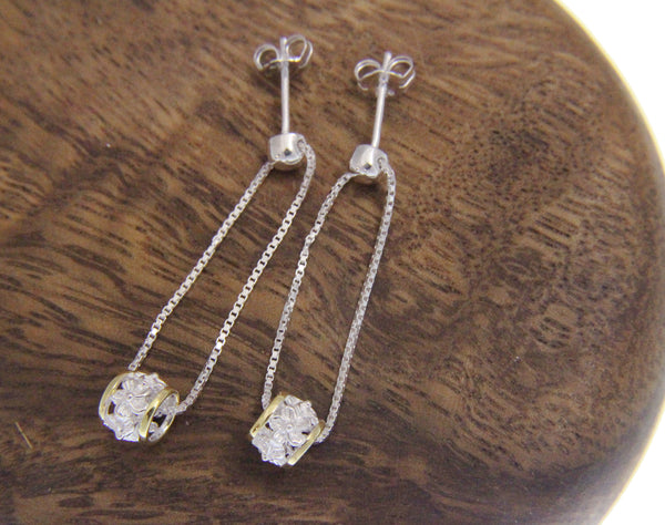 925 Sterling Silver Yellow Gold Plated 2 tone Hawaiian Plumeria Flower Barrel Dangle Post Earrings