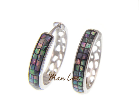 925 Sterling Silver Hawaiian Abalone Shell Paua Circle Round Hoop Earrings