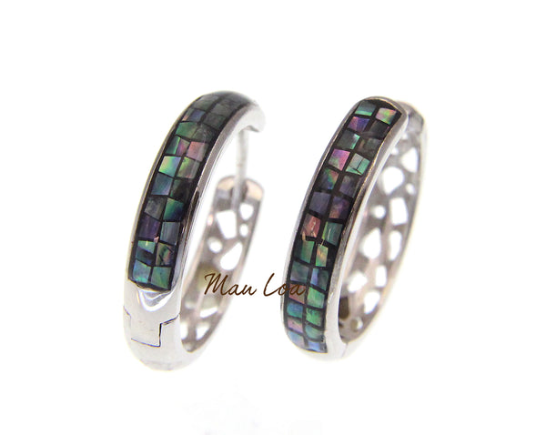 925 Sterling Silver Hawaiian Abalone Shell Paua Circle Round Hoop Earrings