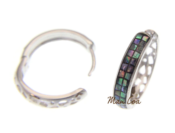 925 Sterling Silver Hawaiian Abalone Shell Paua Circle Round Hoop Earrings