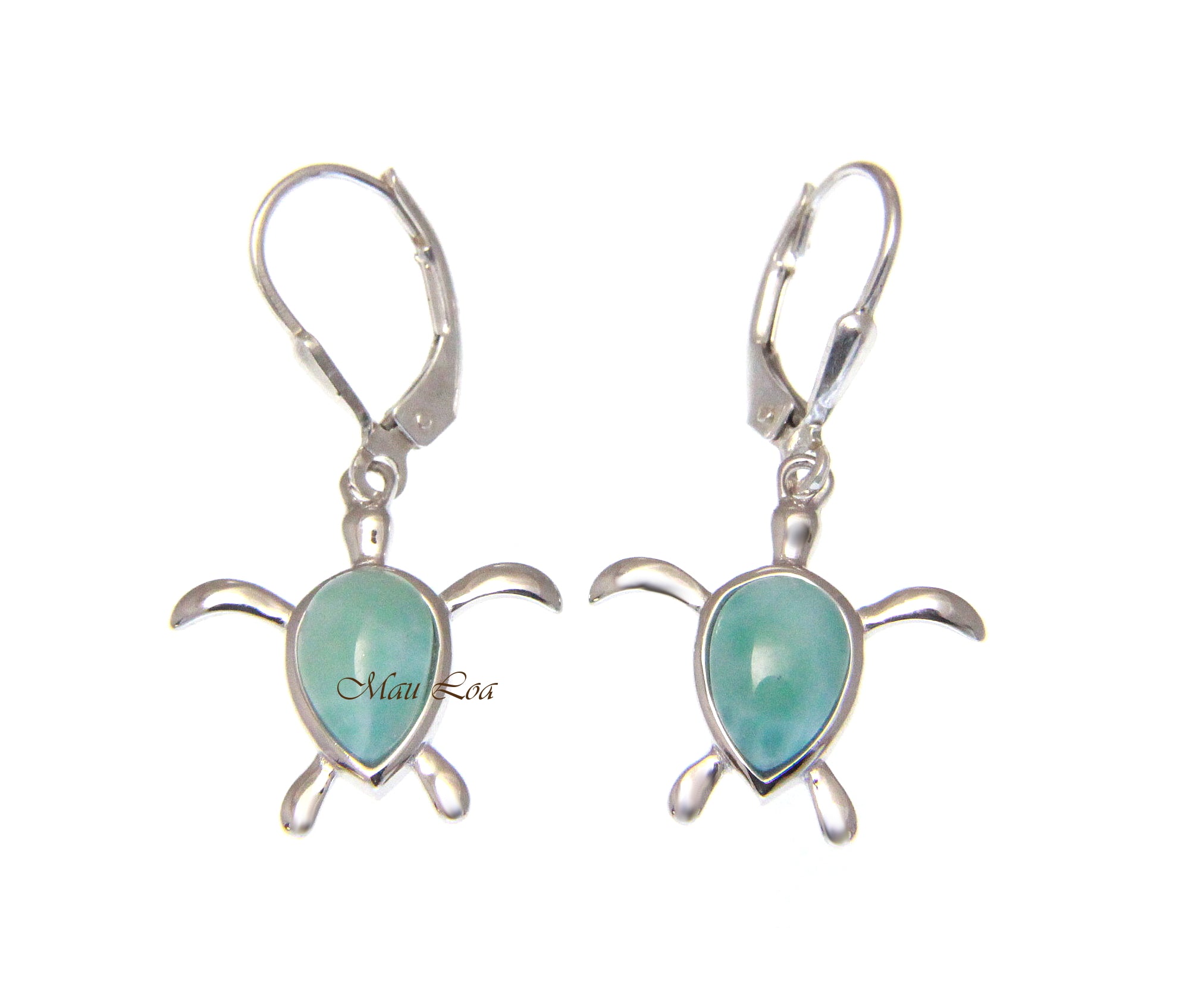 925 Sterling Silver Natural Larimar Hawaiian Honu Turtle Leverback Earrings