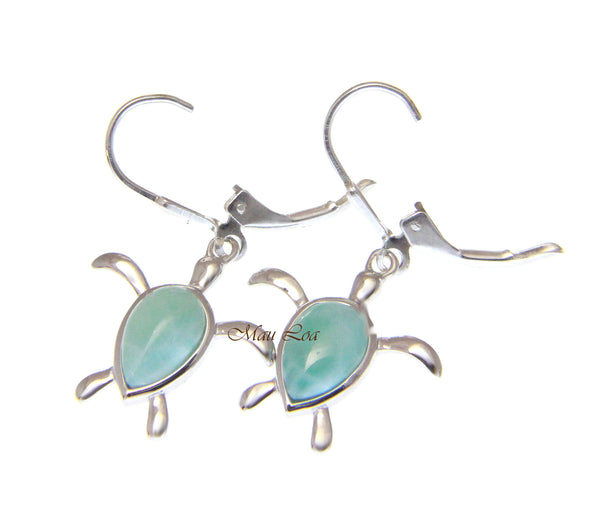 925 Sterling Silver Natural Larimar Hawaiian Honu Turtle Leverback Earrings